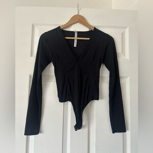 Free People Intimately Black Long Sleeve V neck Bodysuit, Size XS